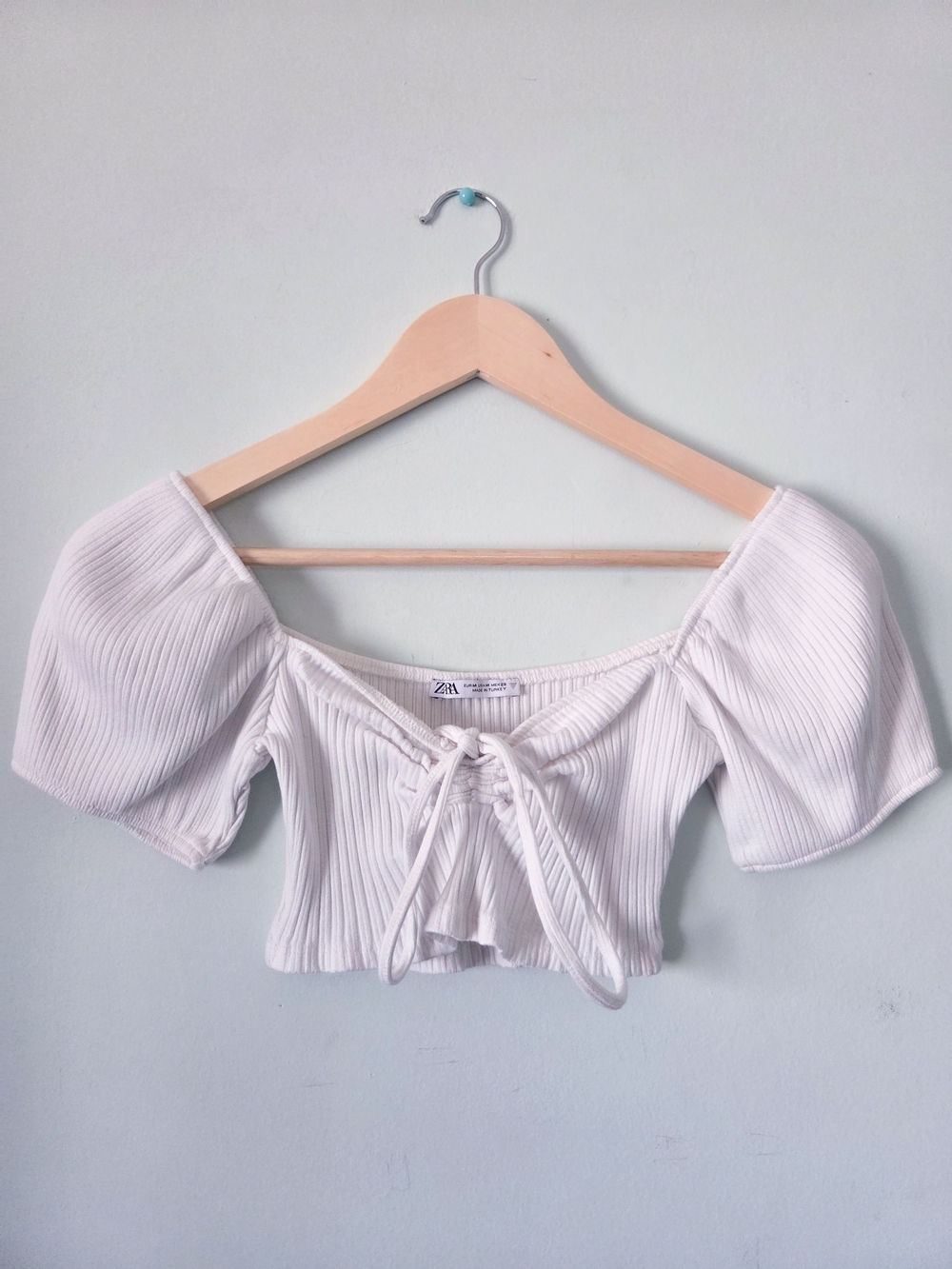 Zara White Ribbed Lace-Up Off-Shoulder Crop Top with Puff Sleeves